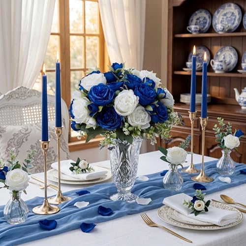 24 Bundles Artificial Peonies Flowers, Royal Blue, White in Royal Blue, White, alternate view 4