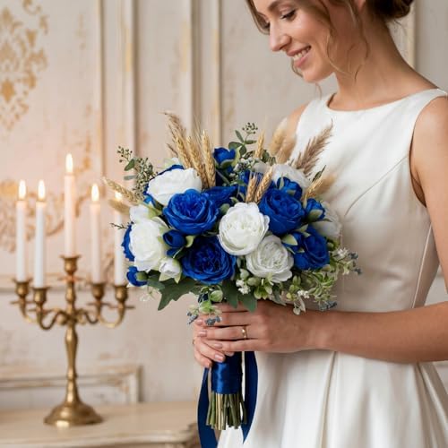 24 Bundles Artificial Peonies Flowers, Royal Blue, White in Royal Blue, White, alternate view 5