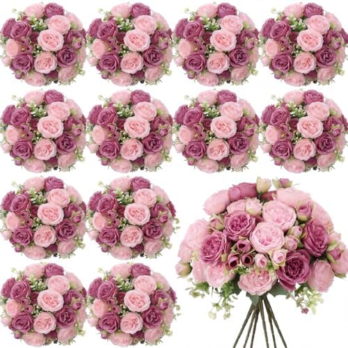 24 Bundles Artificial Peonies Flowers, Russet Red, Light Pink in Russet Red, Light Pink