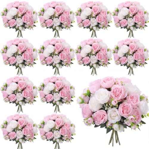 24 Bundles Artificial Peonies Flowers, White and Pink in White and Pink