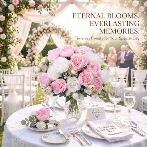 24 Bundles Artificial Peonies Flowers, White and Pink in White and Pink, alternate view 5