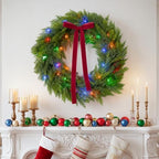 24" Christmas Cedar Wreath, Artificial Wreath with Burgundy Velvet Ribbon & LED Light String, 8 Lighting Modes