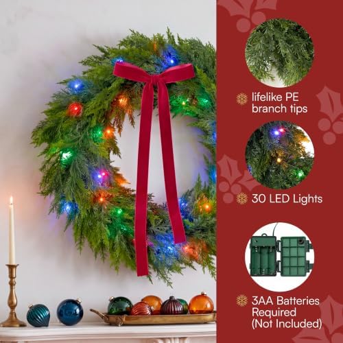 24" Christmas Cedar Wreath, Artificial Wreath with Burgundy Velvet Ribbon & LED Light String, 8 Lighting Modes, alternate