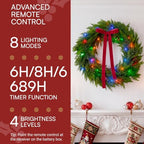 24" Christmas Cedar Wreath, Artificial Wreath with Burgundy Velvet Ribbon & LED Light String, 8 Lighting Modes, alternate