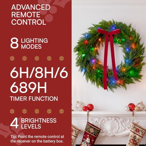 24" Christmas Cedar Wreath, Artificial Wreath with Burgundy Velvet Ribbon & LED Light String, 8 Lighting Modes, alternate