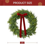 24" Christmas Cedar Wreath, Artificial Wreath with Burgundy Velvet Ribbon & LED Light String, 8 Lighting Modes, alternate