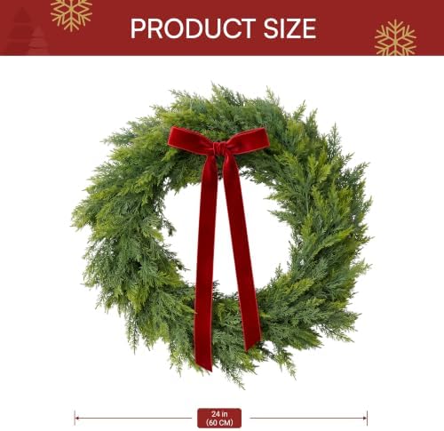 24" Christmas Cedar Wreath, Artificial Wreath with Burgundy Velvet Ribbon & LED Light String, 8 Lighting Modes, alternate