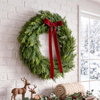 24" Christmas Cedar Wreath, Artificial Wreath with Burgundy Velvet Ribbon & LED Light String, 8 Lighting Modes, alternate