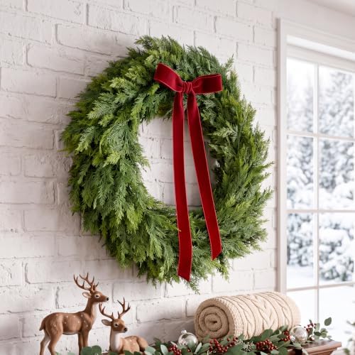 24" Christmas Cedar Wreath, Artificial Wreath with Burgundy Velvet Ribbon & LED Light String, 8 Lighting Modes, alternate