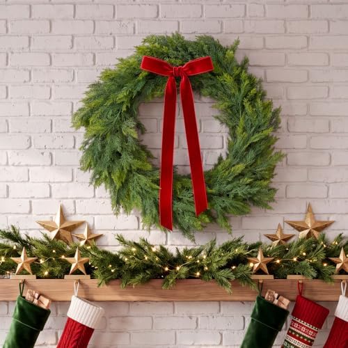 24" Christmas Cedar Wreath, Artificial Wreath with Burgundy Velvet Ribbon & LED Light String, 8 Lighting Modes, alternate