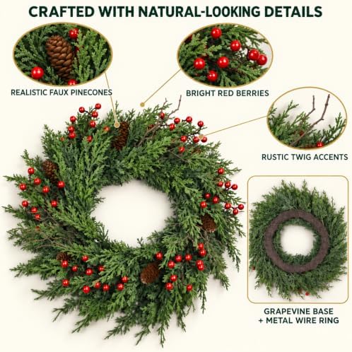 24" Christmas Wreath for Front Door, Real Touch Cedar Wreath, alternate view 2