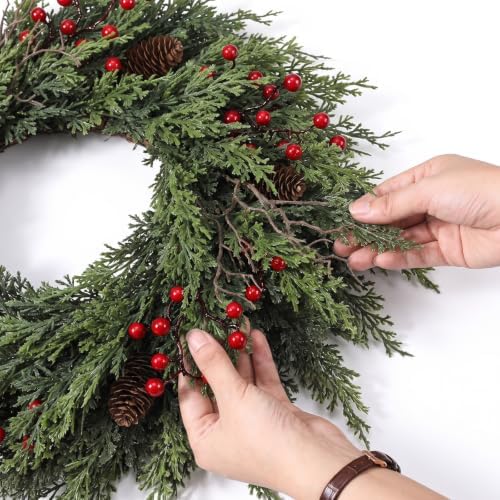 24" Christmas Wreath for Front Door, Real Touch Cedar Wreath, alternate view 5