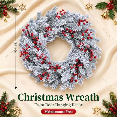 24" Christmas Wreaths for Front Door with Snowy Cedar, Berries in Snowy Cedar, alternate view 7