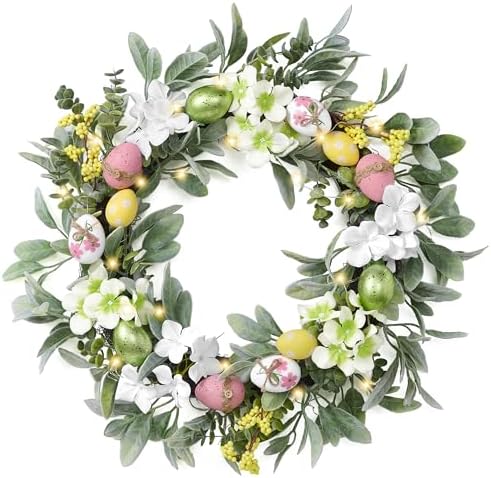 24'' Collapsible Lighted Easter Wreaths for Front Door, Pre-lit Spring Door Wreath with Pastel Eggs, Daisy