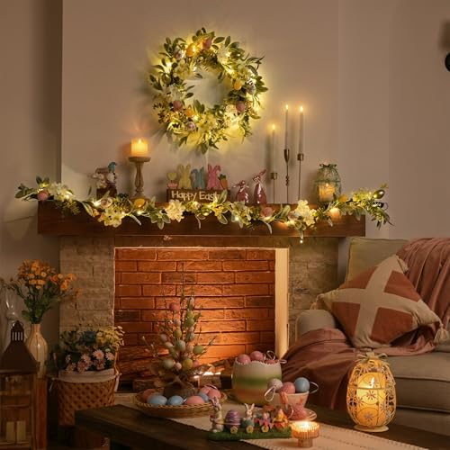 24'' Collapsible Lighted Easter Wreaths for Front Door, Pre-lit Spring Door Wreath with Pastel Eggs, Daisy, alternate view 2
