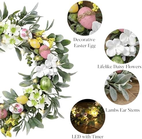 24'' Collapsible Lighted Easter Wreaths for Front Door, Pre-lit Spring Door Wreath with Pastel Eggs, Daisy, alternate view 5