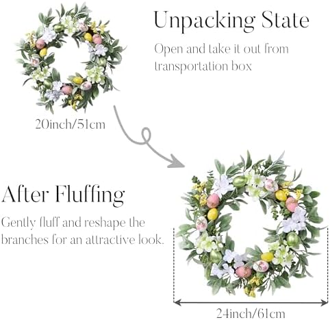24'' Collapsible Lighted Easter Wreaths for Front Door, Pre-lit Spring Door Wreath with Pastel Eggs, Daisy, alternate view 6
