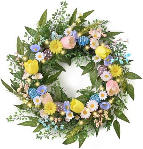 24'' Collapsible Pre-lit Easter Wreath for Front Door, Lighted Spring Door Wreath with Pastel Egg & Daisy