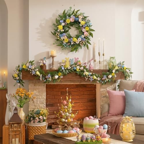 24'' Collapsible Pre-lit Easter Wreath for Front Door, Lighted Spring Door Wreath with Pastel Egg & Daisy, alternate view 2