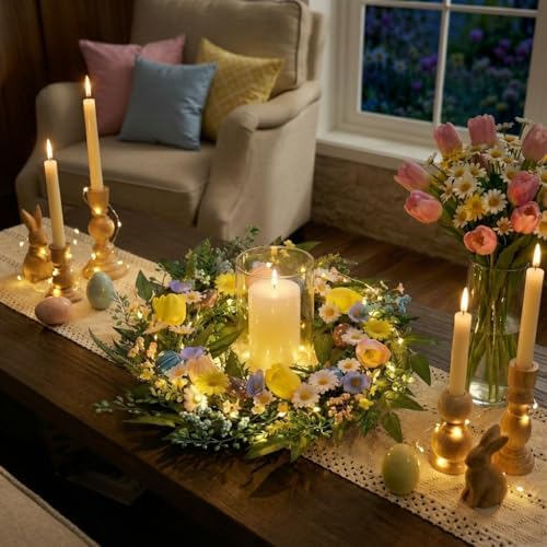 24'' Collapsible Pre-lit Easter Wreath for Front Door, Lighted Spring Door Wreath with Pastel Egg & Daisy, alternate view 3