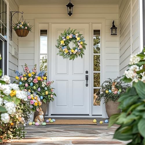 24'' Collapsible Pre-lit Easter Wreath for Front Door, Lighted Spring Door Wreath with Pastel Egg & Daisy, alternate view 4