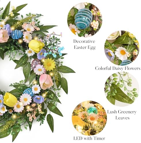24'' Collapsible Pre-lit Easter Wreath for Front Door, Lighted Spring Door Wreath with Pastel Egg & Daisy, alternate view 5