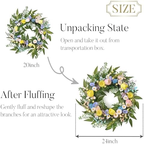 24'' Collapsible Pre-lit Easter Wreath for Front Door, Lighted Spring Door Wreath with Pastel Egg & Daisy, alternate view 6
