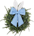 24" Easter Wreath for Front Door, Artificial Green Boxwood Spring Wreath with Bunny Ears & Blue Plaid Bow