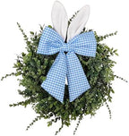 24" Easter Wreath for Front Door, Artificial Green Boxwood Spring Wreath with Bunny Ears & Blue Plaid Bow