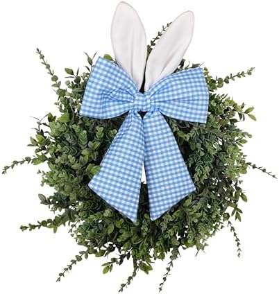 24" Easter Wreath for Front Door, Artificial Green Boxwood Spring Wreath with Bunny Ears & Blue Plaid Bow