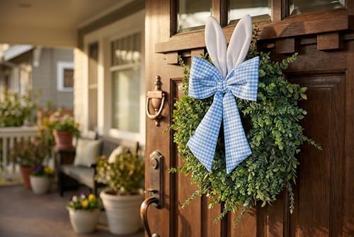 24" Easter Wreath for Front Door, Artificial Green Boxwood Spring Wreath with Bunny Ears & Blue Plaid Bow, alternate view 2