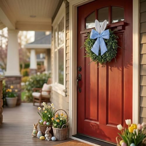 24" Easter Wreath for Front Door, Artificial Green Boxwood Spring Wreath with Bunny Ears & Blue Plaid Bow, alternate view 3