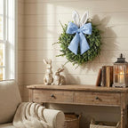 24" Easter Wreath for Front Door, Artificial Green Boxwood Spring Wreath with Bunny Ears & Blue Plaid Bow, alternate view 4