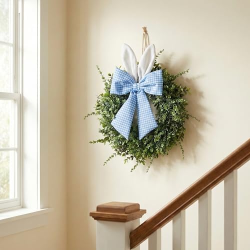 24" Easter Wreath for Front Door, Artificial Green Boxwood Spring Wreath with Bunny Ears & Blue Plaid Bow, alternate view 5