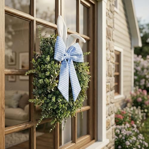 24" Easter Wreath for Front Door, Artificial Green Boxwood Spring Wreath with Bunny Ears & Blue Plaid Bow, alternate view 6