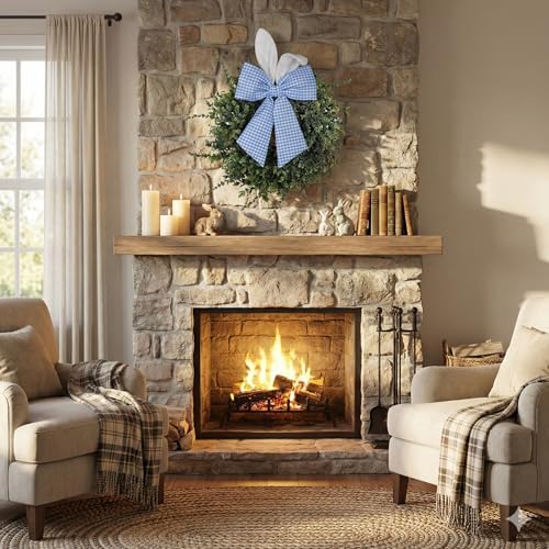 24" Easter Wreath for Front Door, Artificial Green Boxwood Spring Wreath with Bunny Ears & Blue Plaid Bow, alternate view 7