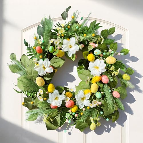24" Easter Wreaths for Front Door, Summer Decor with Eggs and Flowers, Spring Lily Wreath with Leaves and Beads