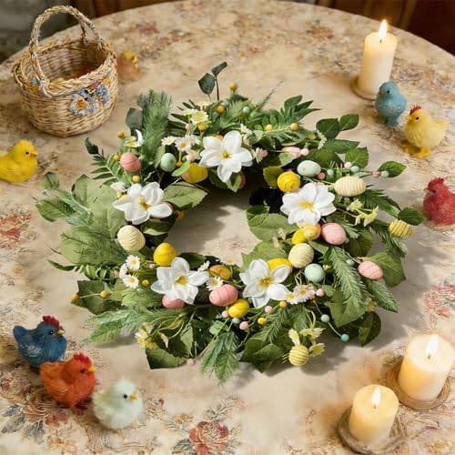 24" Easter Wreaths for Front Door, Summer Decor with Eggs and Flowers, Spring Lily Wreath with Leaves and Beads, alternate