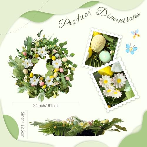 24" Easter Wreaths for Front Door, Summer Decor with Eggs and Flowers, Spring Lily Wreath with Leaves and Beads, alternate