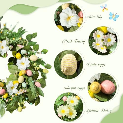 24" Easter Wreaths for Front Door, Summer Decor with Eggs and Flowers, Spring Lily Wreath with Leaves and Beads, alternate