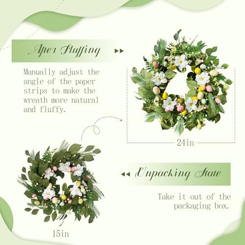 24" Easter Wreaths for Front Door, Summer Decor with Eggs and Flowers, Spring Lily Wreath with Leaves and Beads, alternate