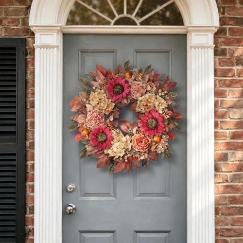 24"Fall Artificial Wreath with Sunflower Peony for Front Door Decor(Orange), alternate view 2