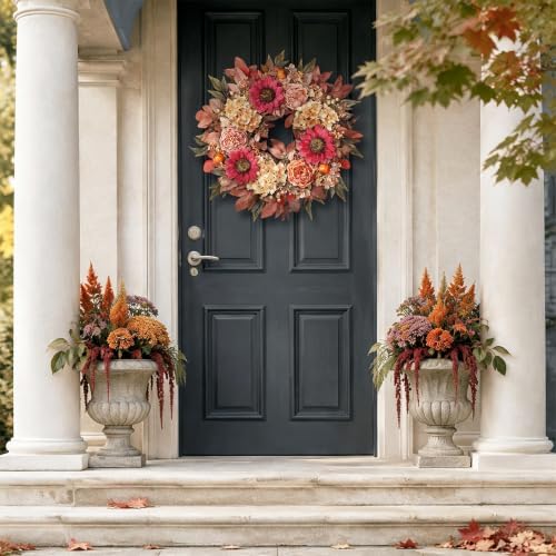 24"Fall Artificial Wreath with Sunflower Peony for Front Door Decor(Orange), alternate view 3