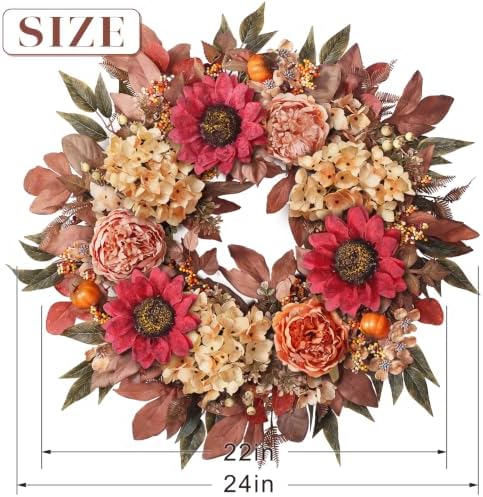 24"Fall Artificial Wreath with Sunflower Peony for Front Door Decor(Orange), alternate view 6