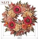 24"Fall Artificial Wreath with Sunflower Peony for Front Door Decor(Orange), alternate view 6