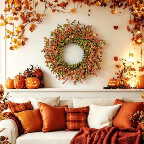 24“ Fall Orange Wreath for Front Door, Rustic Farmhouse Decor, alternate view 4