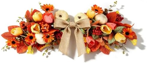 24" Fall Swag for Front Door Thanksgiving Swag Fall Wreath with Cream White Mini Pumpkins, Orange Sunflowers