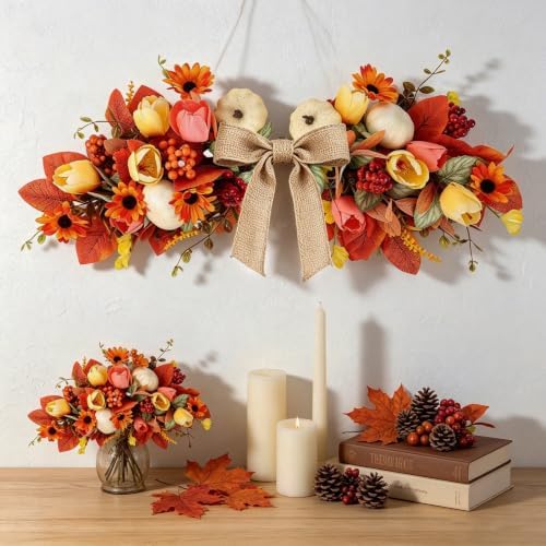 24" Fall Swag for Front Door Thanksgiving Swag Fall Wreath with Cream White Mini Pumpkins, Orange Sunflowers, alternate view