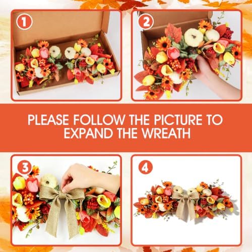 24" Fall Swag for Front Door Thanksgiving Swag Fall Wreath with Cream White Mini Pumpkins, Orange Sunflowers, alternate view