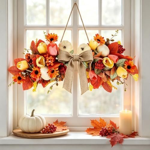 24" Fall Swag for Front Door Thanksgiving Swag Fall Wreath with Cream White Mini Pumpkins, Orange Sunflowers, alternate view